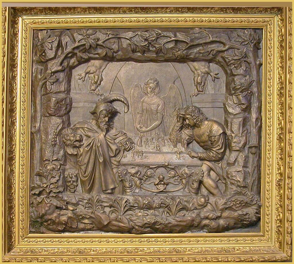 bronze bas relief of checkmate painting