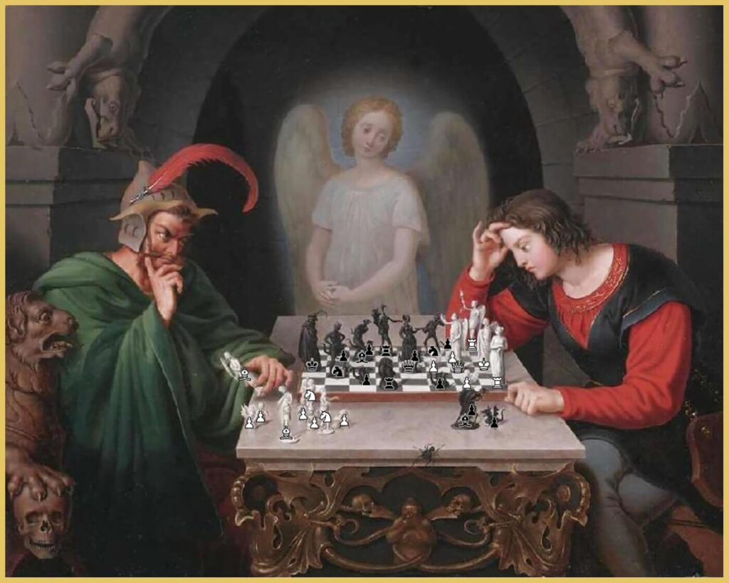 checkmate painting with figures overlay